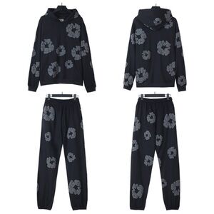 Black Hoodie and Jogger Set with Gray Floral Design